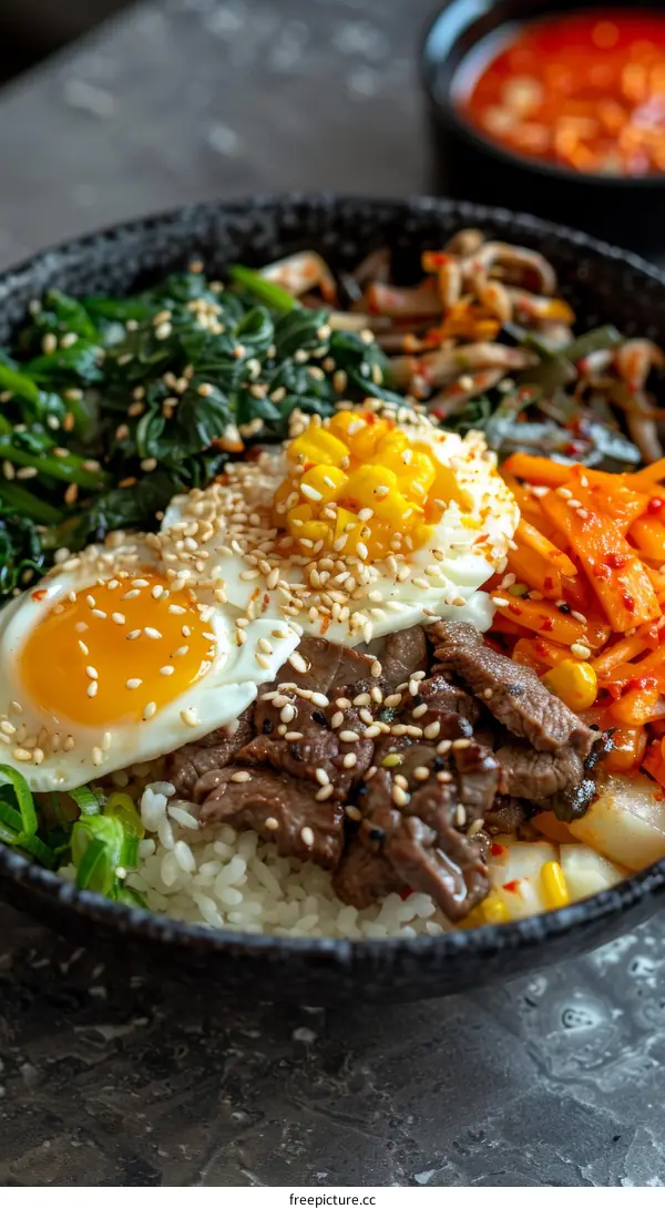 Korean Bibimbap with Rice, Beef, Egg, and Vegetables