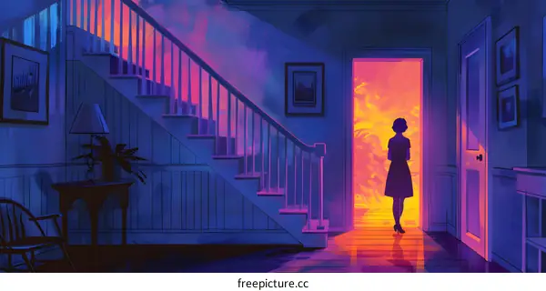 A woman standing in a doorway looking at a bright light.