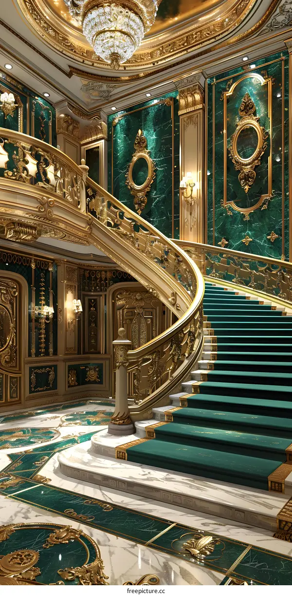 Luxury Interior Design With Golden Staircase And Green Marble Walls