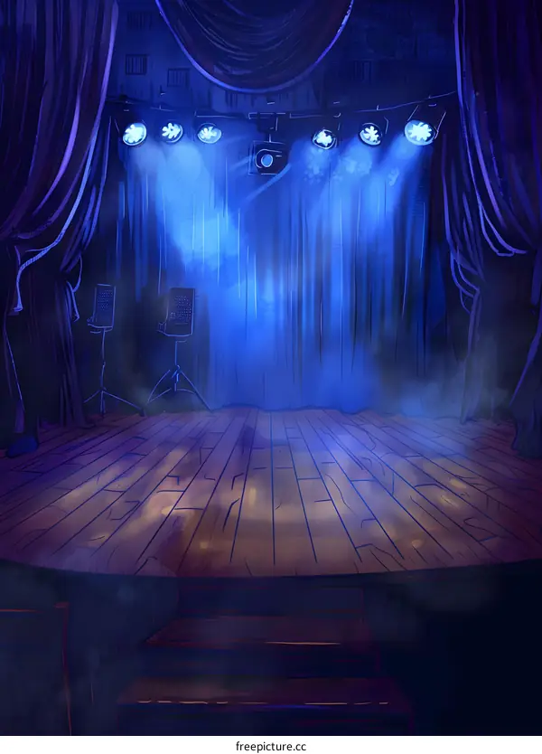 Empty Stage with Blue Lights and Curtains