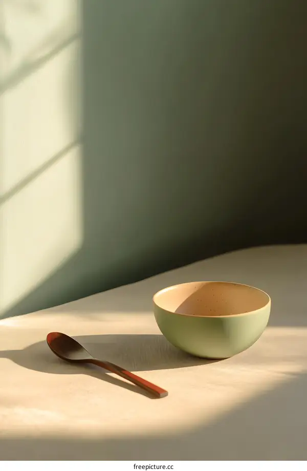 Green Ceramic Bowl with Wooden Spoon on Beige Fabric with Natural Light