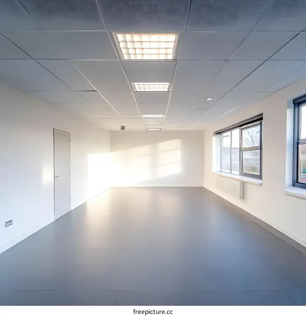 Empty Office Room With White Walls and Grey Floor