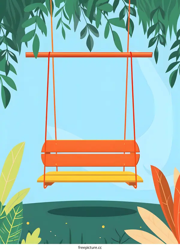 Wooden Swing Hanging From Tree Branch Illustration