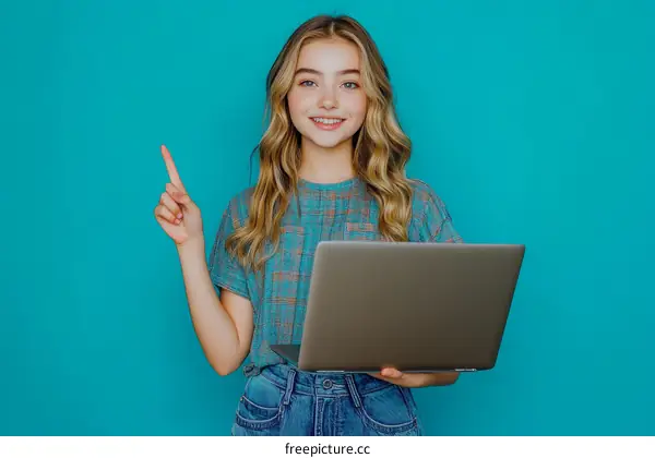 Teenage Girl with Laptop Pointing Upward