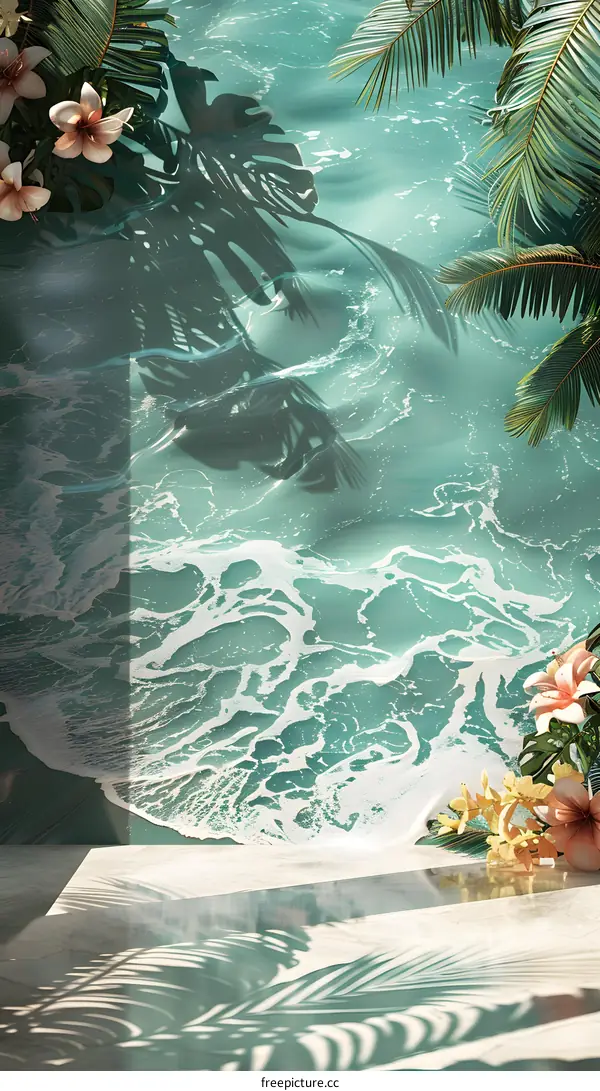 Tropical Summer Background with Palm Leaves and Flowers