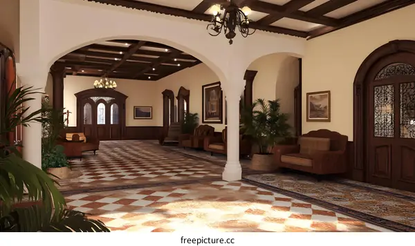 Classic Interior Design of a Large Hallway with Archway and Wooden Doors