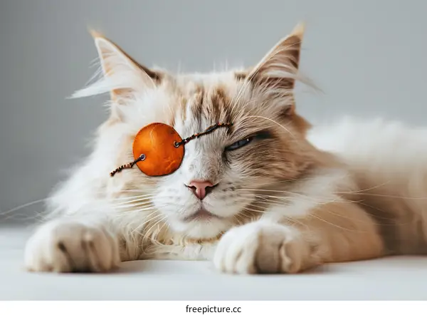 Portrait of a ginger and white cat wearing an eye patch