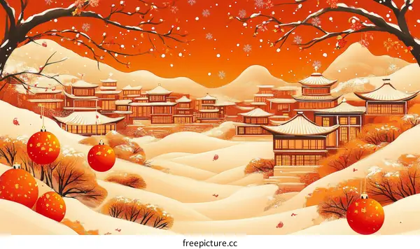 Winter Wonderland Chinese Village Illustration