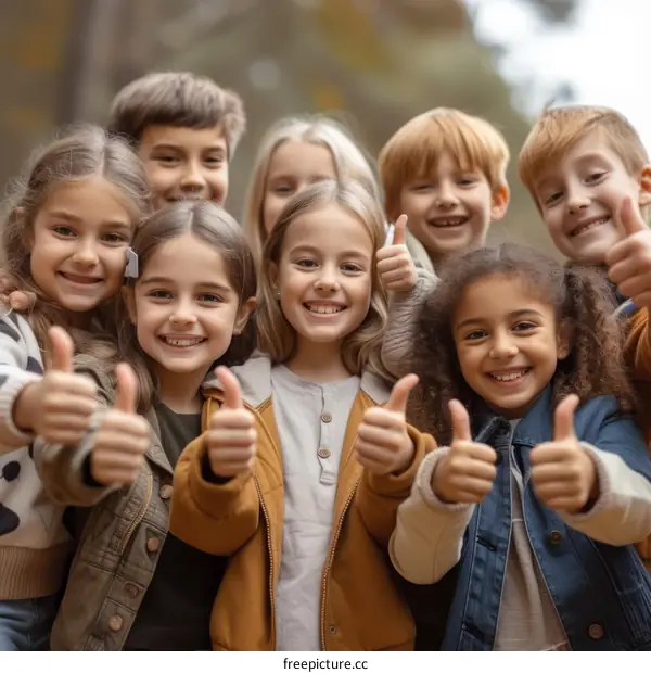 A group of diverse children giving thumbs up