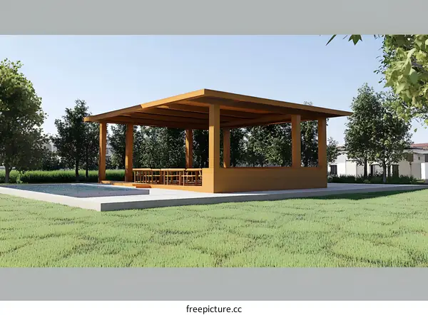 Wooden Gazebo with a Pool in the Backyard