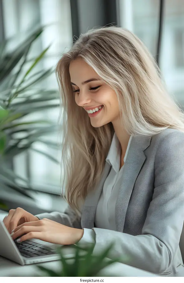 Smiling Businesswoman Working on Laptop Computer at Desk