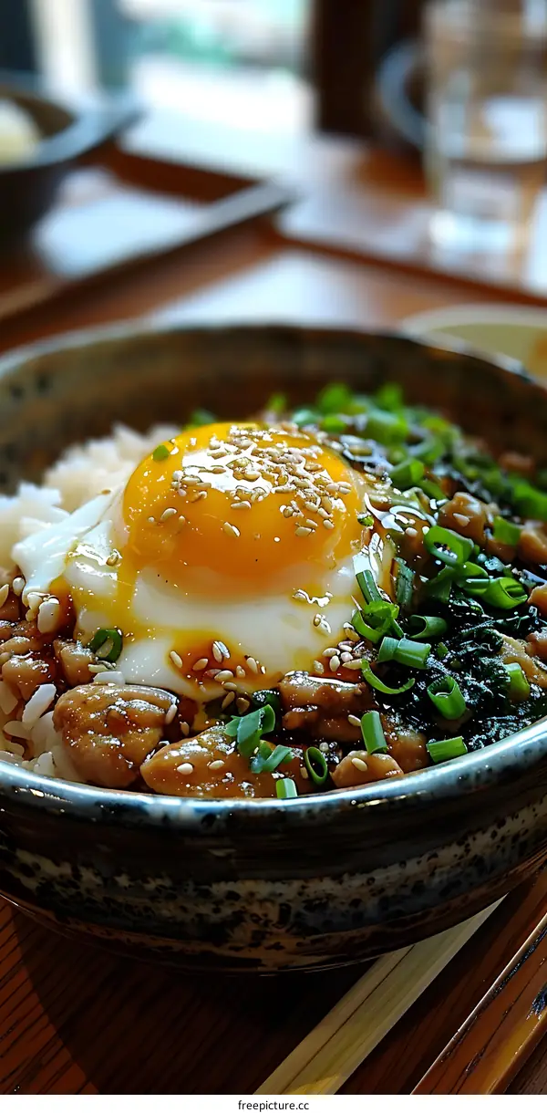 Japanese Rice Bowl with Egg and Green Onions