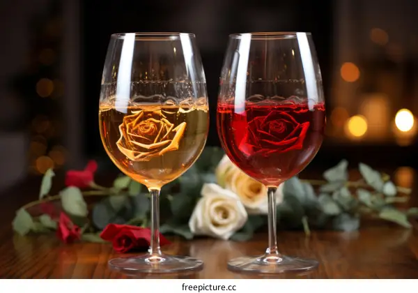 Two Red and White Wine Glasses with Roses Inside