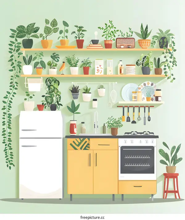 Modern Kitchen with Plants and a Green Background