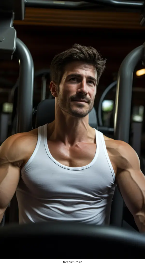 Handsome muscular man in white tank top working out on seated chest press machine in the gym