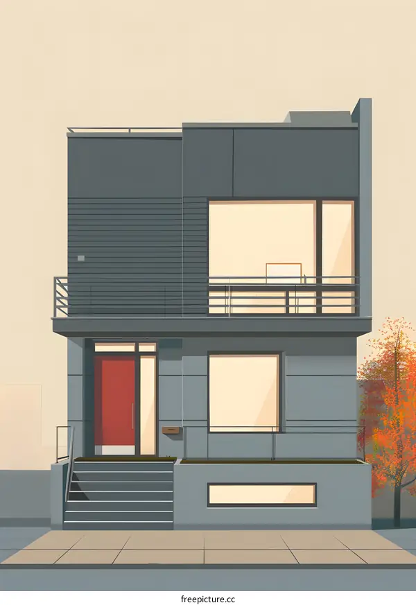 Modern Two Story House with Red Door and Balcony