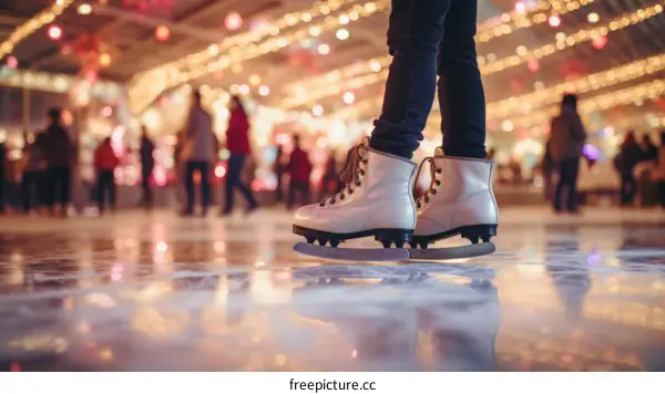 Little girl ice skating on a rink with blurred background