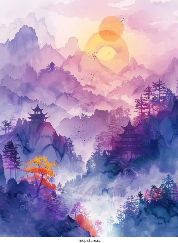 Misty mountain landscape with traditional chinese pavilions