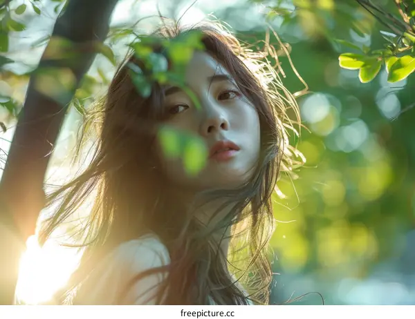 Portrait of a young Asian woman standing in a forest