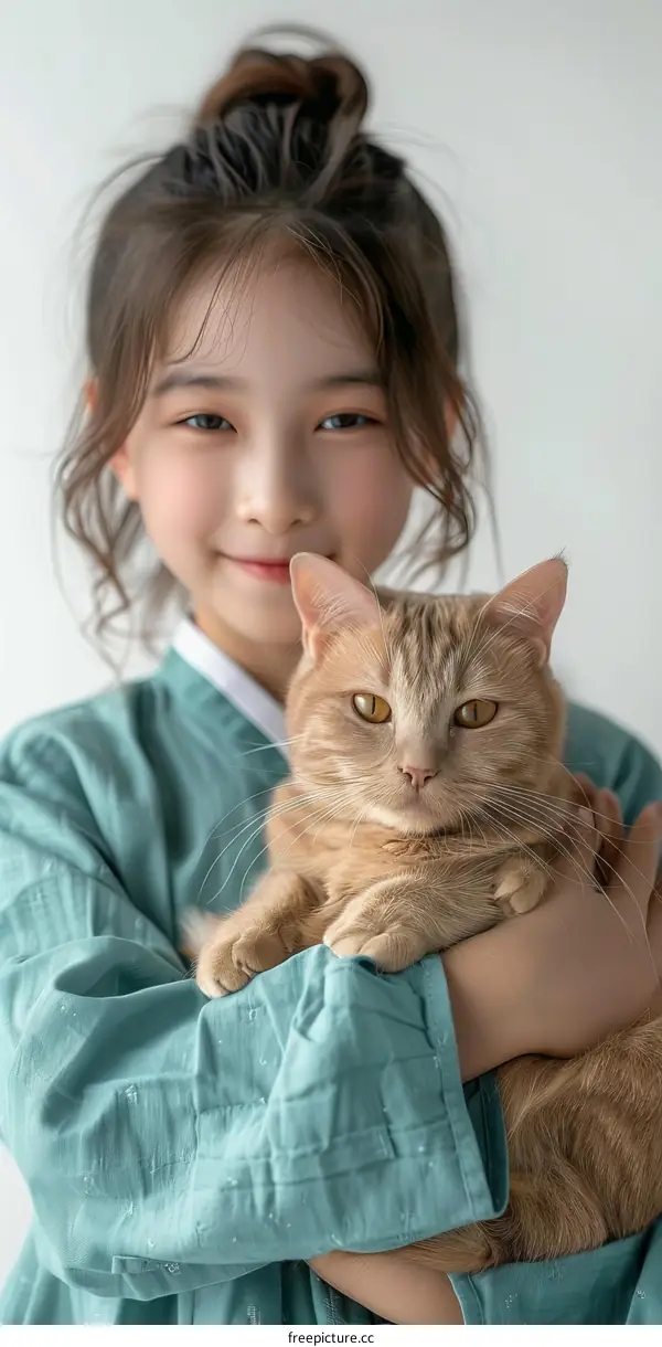 Little girl hugging an orange cat