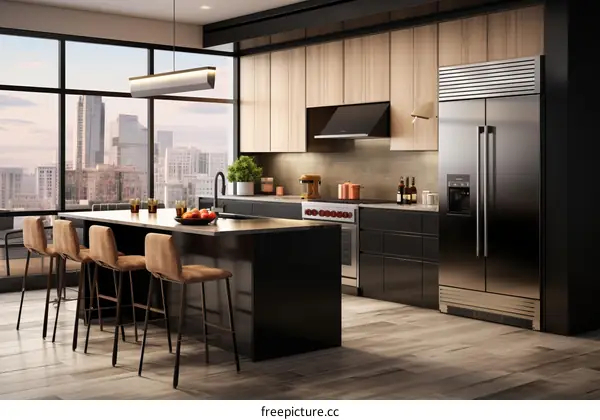kitchen island with seating and view of the city