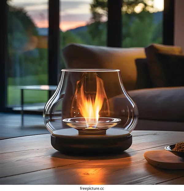 A tabletop fireplace burns brightly on a wooden table.