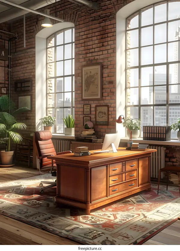 Home office interior design with brick walls and large windows