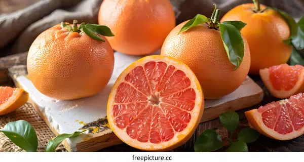 Fresh Ripe Grapefruits With Green Leaves On A Wooden Table