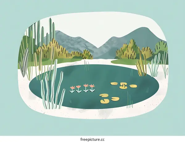 Mountain Landscape with Pond and Flowers