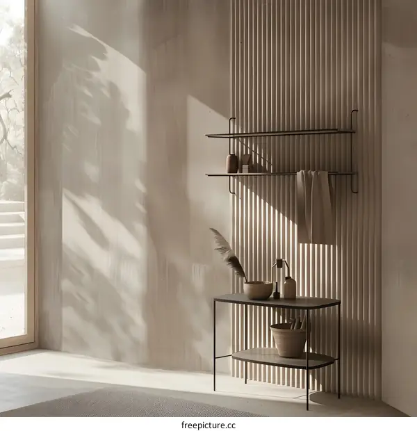 Minimalist Interior Design with Wooden Wall Paneling and Black Metal Shelving