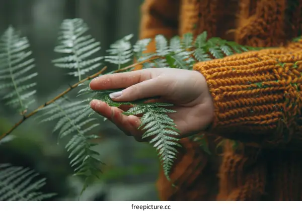 A person's hand holding a frond of a fern plant