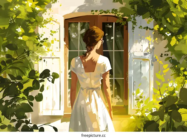 A woman standing in front of a door