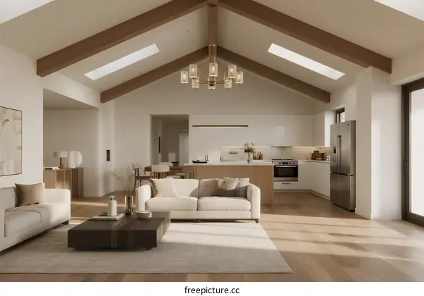 Modern open-plan living room with high ceiling and natural light