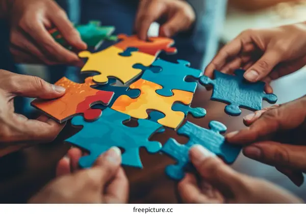 A group of multiracial people assembling jigsaw puzzle