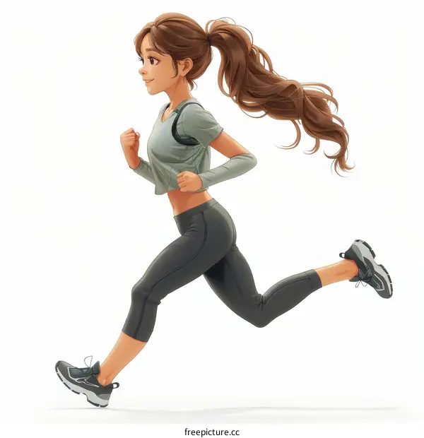 A young woman with brown hair in a ponytail is running.