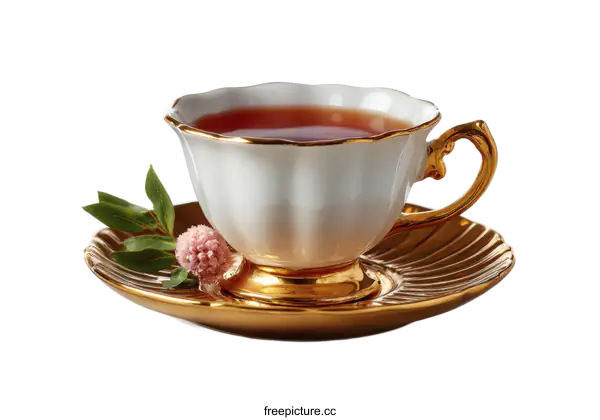 [Transparent Background PNG]Elegant Gold Teacup and Saucer on Marble