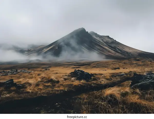 Misty Mountain Landscape with Grassy Field