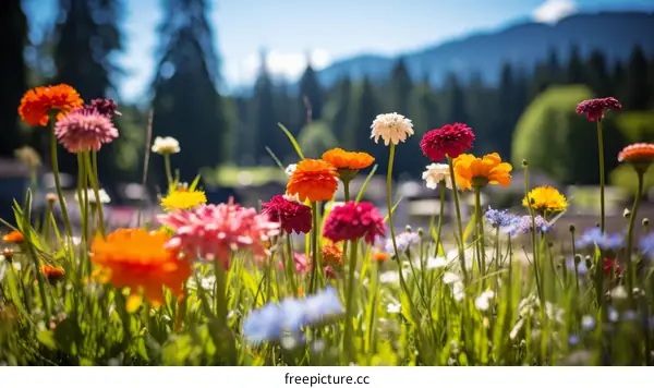 Vibrant Meadow of Wildflowers with Majestic Mountains in the Distance