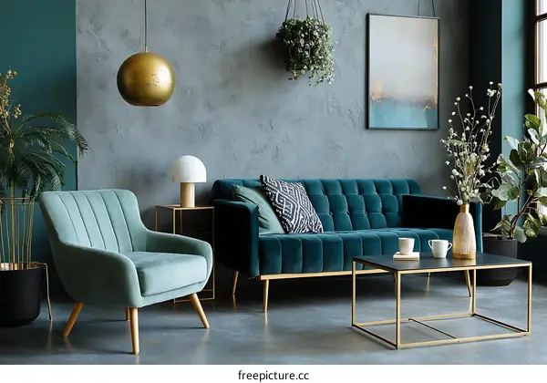 Modern Living Room Interior Design Featuring Teal Sofa and Green Chair