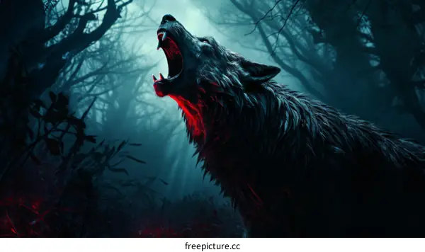 A wolf howls in the dark forest with glowing red eyes