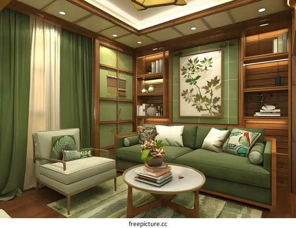 Modern Living Room Interior Design With Green Sofa And Bookshelves
