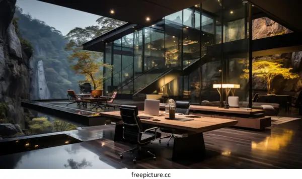 Modern architecture house interior with huge glass windows