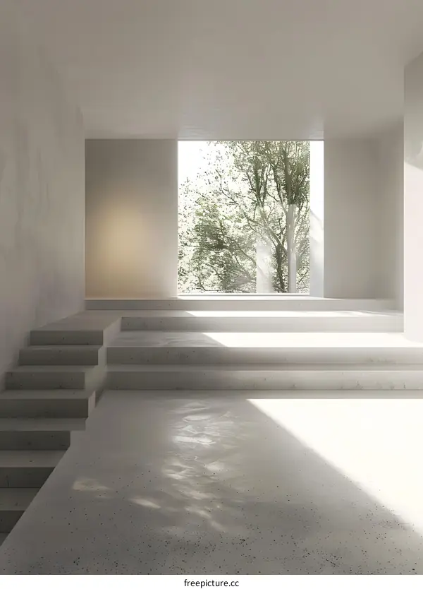 Minimalist Interior Design with Concrete Stairs and Window View