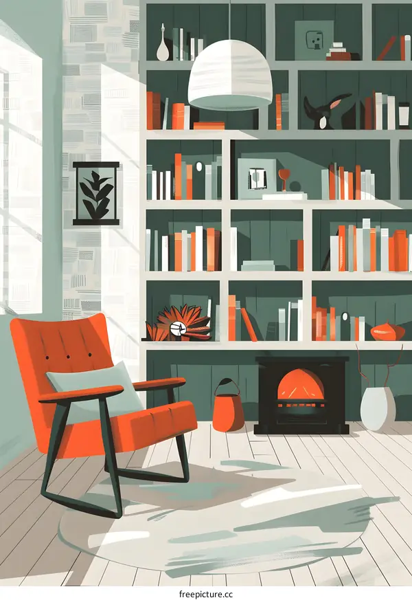 Modern Living Room with Bookshelf and Fireplace