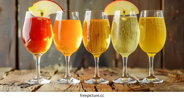Five Glasses of Sparkling Apple Cider with Apple Slices