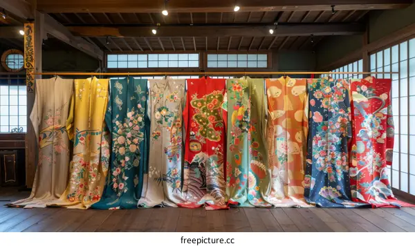 A variety of colorful kimono on display