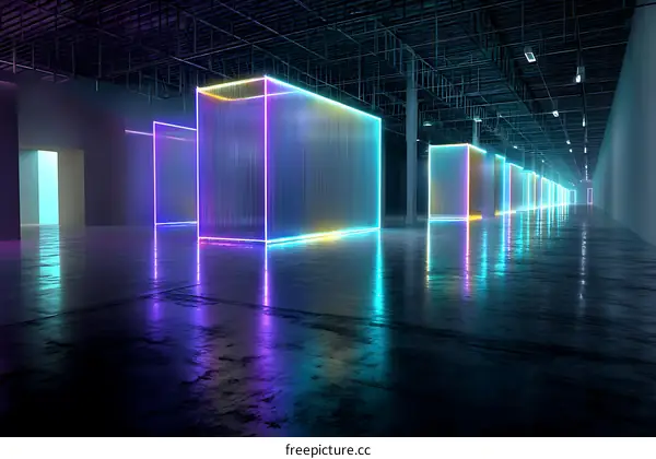 Neon Light Boxes in a Warehouse Corridor