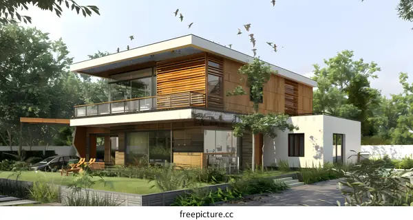 Modern Two Story Home with Wooden Facade and Balcony