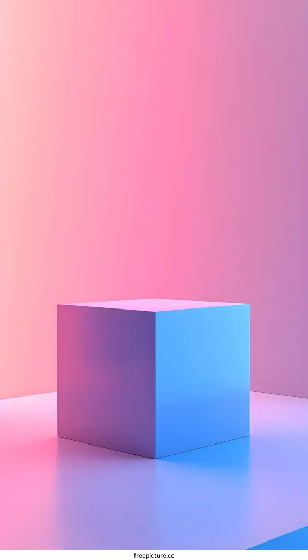 3D rendering of a blue cube on a pink and blue gradient background