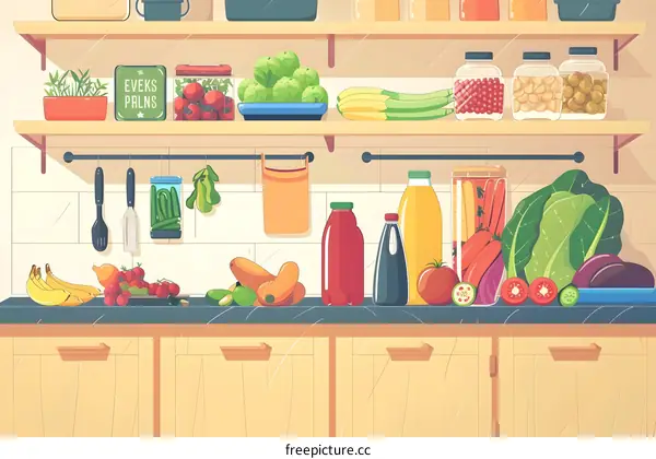 Kitchen Interior Illustration With Fresh Vegetables and Fruits